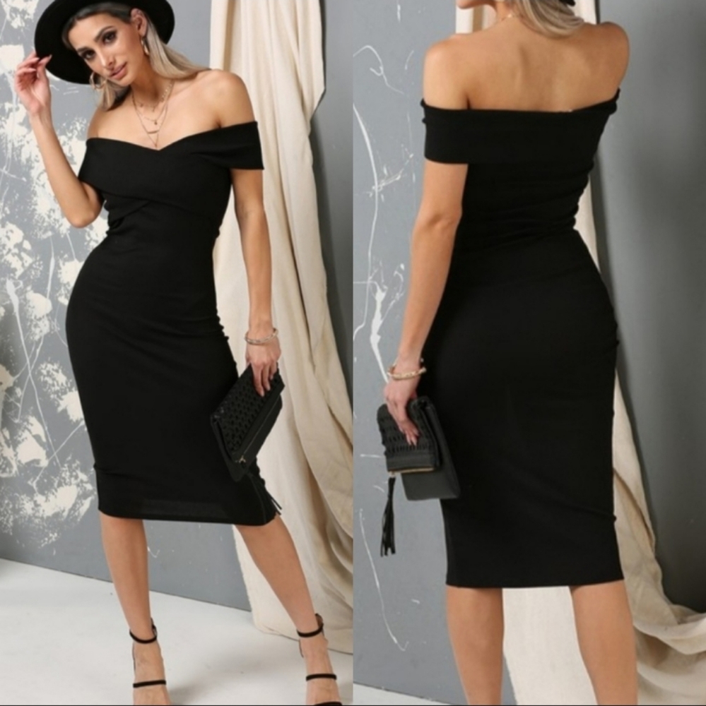 Off Shoulder Ribbed Midi Dress in Black - Picture 2 of 7